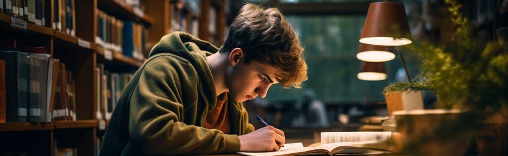 Rapaz jovem estudando para concurso público em biblioteca