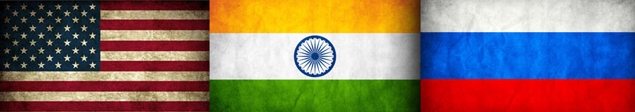 Bandeiras dos Estados Unidos, da Índia e da Rússia