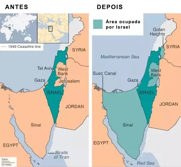 Mapa de Israel antes e depois da Guerra dos Seis Dias